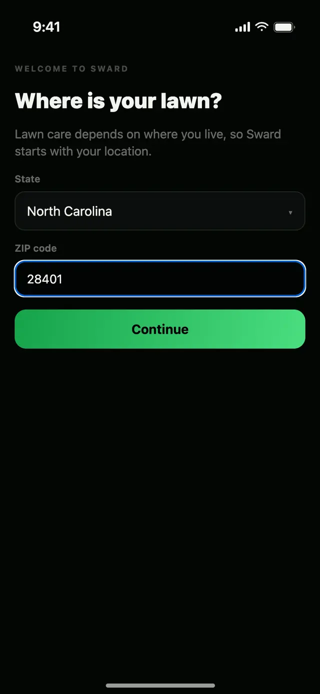 Sward setup screen asking where your lawn is, with North Carolina chosen and ZIP code 28401 entered.