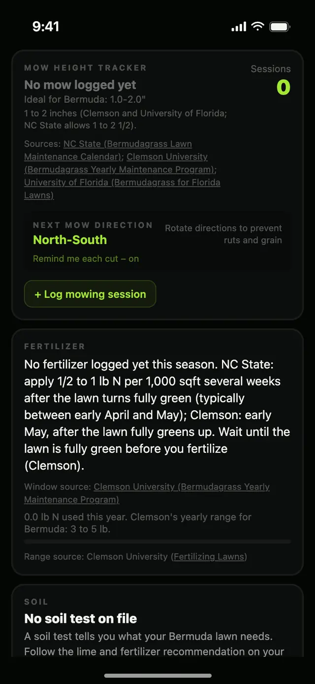 Sward Home screen for Bermuda: a mow height of 1 to 2 inches, and a first fertilizer note where NC State says several weeks after the lawn turns fully green (typically early April to May) and Clemson University says early May, each with its sources.